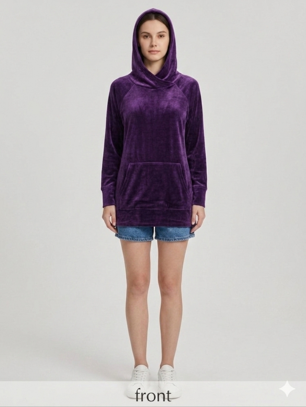 Women's Purple Velvet Hooded Pullover With Kangaroo Pocket
